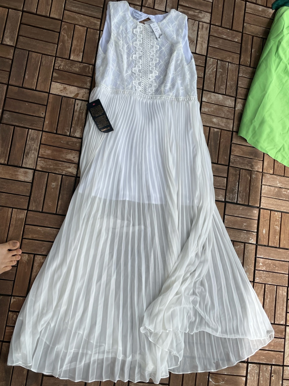 bebe White Maxi Dress with Lace Bodice and Pleated Skirt